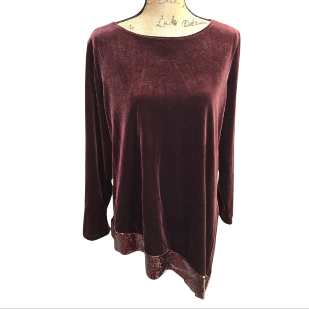 Chico's Travelers Dark Mulberry Elegant Velvet Sequin Trimmed Tunic Top Size L